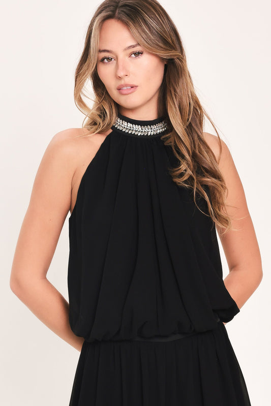 JEWEL HOUR BLACK EMBELLISHED HALTER & WIDE-LEG PANTS SET