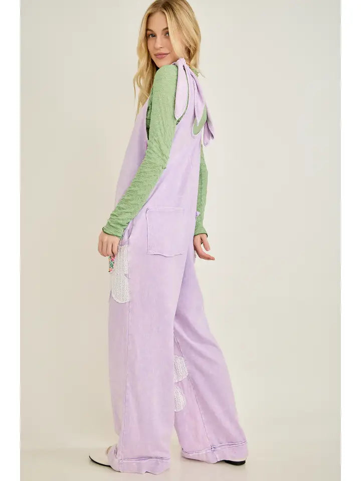 J6 J. Her Purple Mineral Washed Flower Patched Bow Spring Jumpsuit