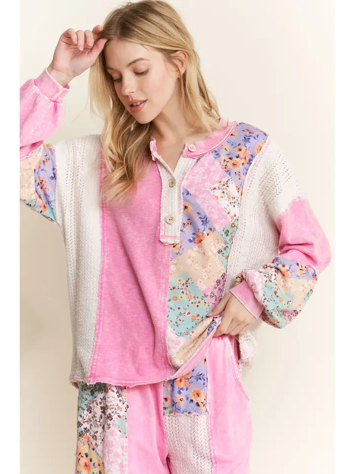 J4 J. Her Bubble Gum Pink Mineral Washed Floral Waveknit Jacquard Boho Top