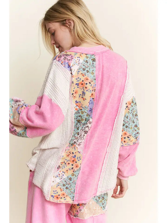 J4 J. Her Bubble Gum Pink Mineral Washed Floral Waveknit Jacquard Boho Top