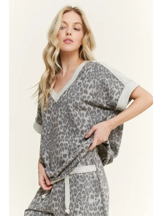 J7 J Her Plus Size Mineral Washed Cheetah Print V-Neck Shirt