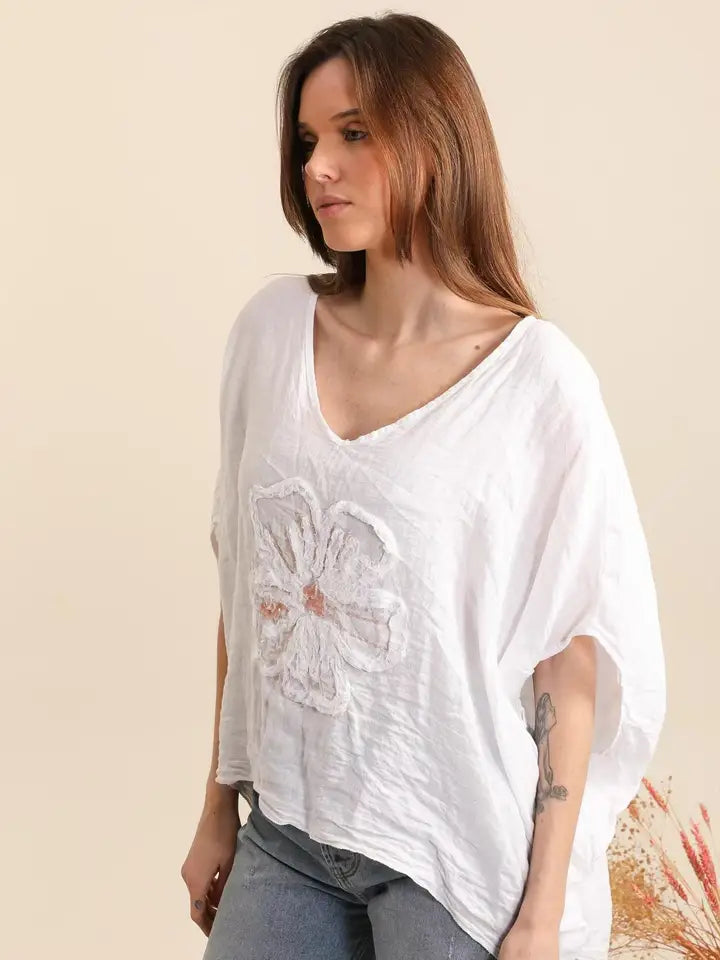 LL1 White Italian Linen Blouse with Floral Applique