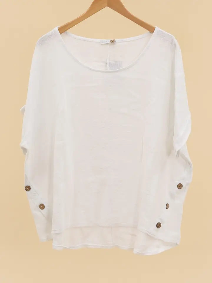 LL2 White Italian Linen & Cotton Blouse with Buttons Fits S to 2X