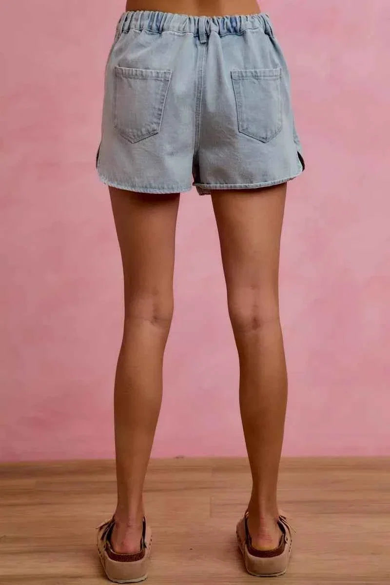 Light Washed Vintage Finish Denim Wrap Skort by So Me