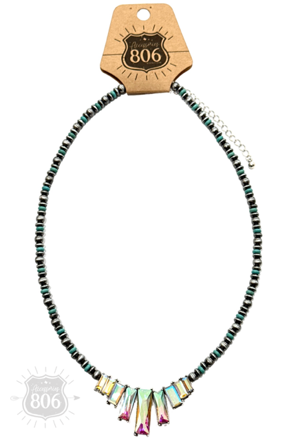 Rhinestone rectangle and burnished bead necklace