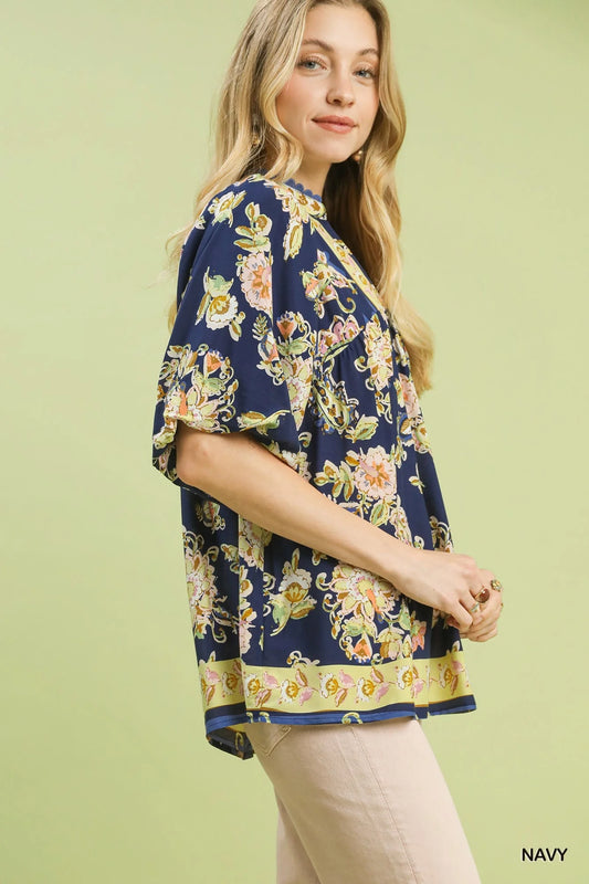Navy & Apricot Floral Boho Rayon Blouse by Umgee