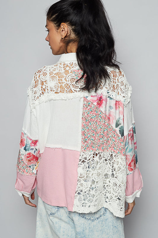 P3 POL Pink and Ivory Multi Floral Patchwork Lace Button-Up Top
