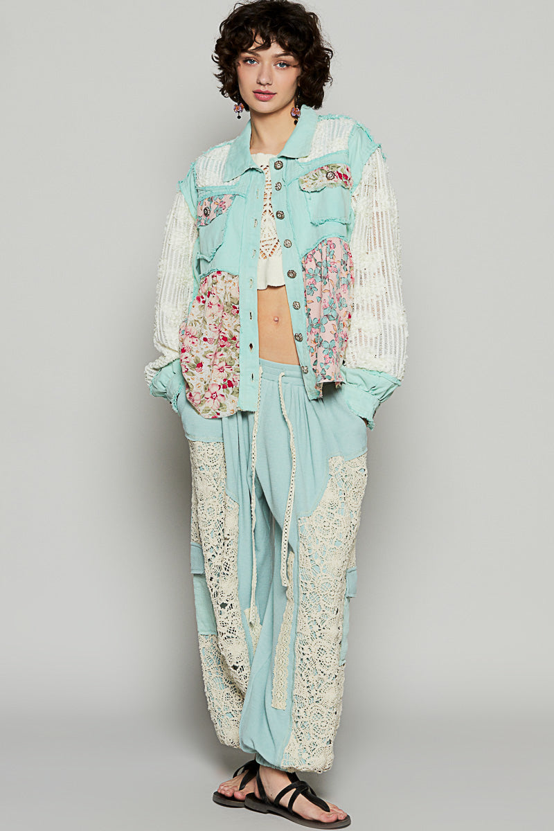 P6 POL Jacket Paradise Mint Balloon Sleeve Lace Floral Crocheted Details