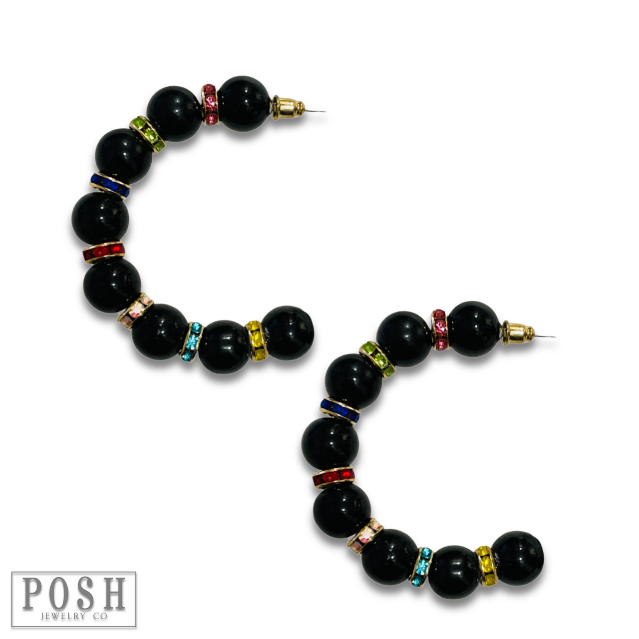 Black bead and rhinestone hoop earring, last call