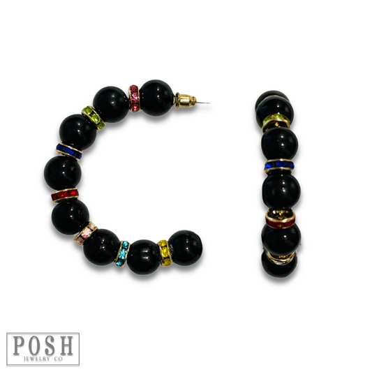 Black bead and rhinestone hoop earring, last call