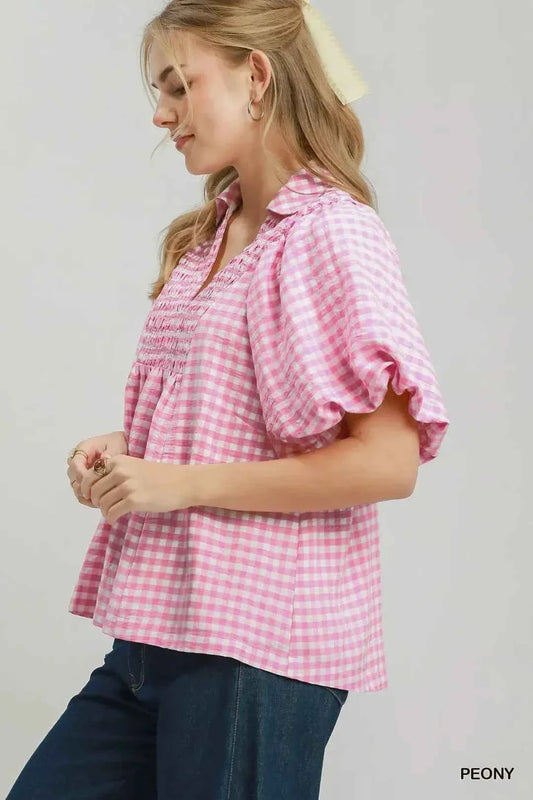 Peony Pink Smocked Yoke Puff Sleeve Gingham Blouse by Umgee