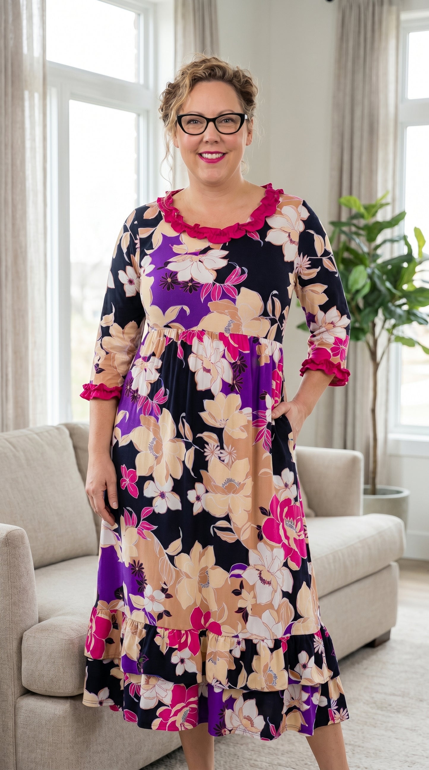 C1 Celest Floral Ruffle Midi-Dress with 3/4 Sleeves Plus Size