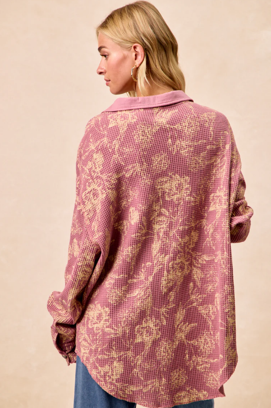 B4 BiBi OVERSIZED Floral Waffle Thermal Shacket in Berry