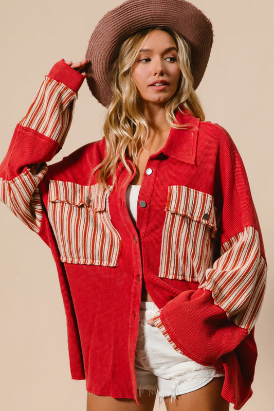 B2 BiBi OVERSIZED Thermal Knit Shacket in Crimson