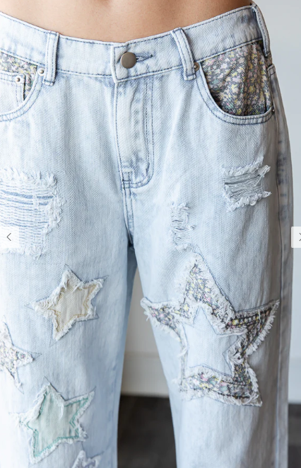 OH3 OLI & HALI BLUE WASHED STAR PATCHWORK DETAIL DENIM