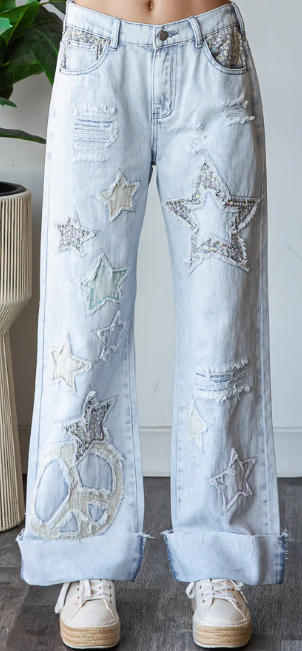 OH3 OLI & HALI BLUE WASHED STAR PATCHWORK DETAIL DENIM