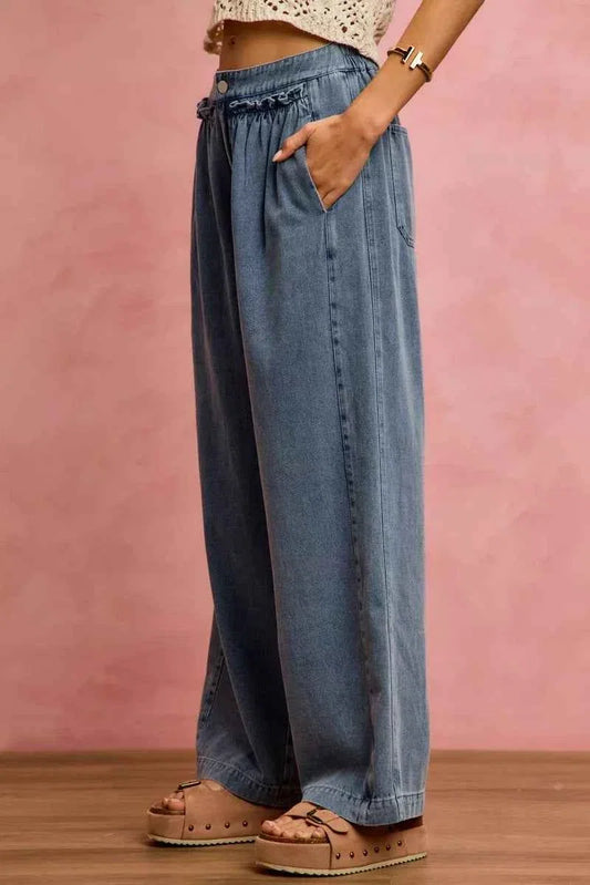 Mid Rise Ruffled Front Elastic Wide Leg Jeans by So Me