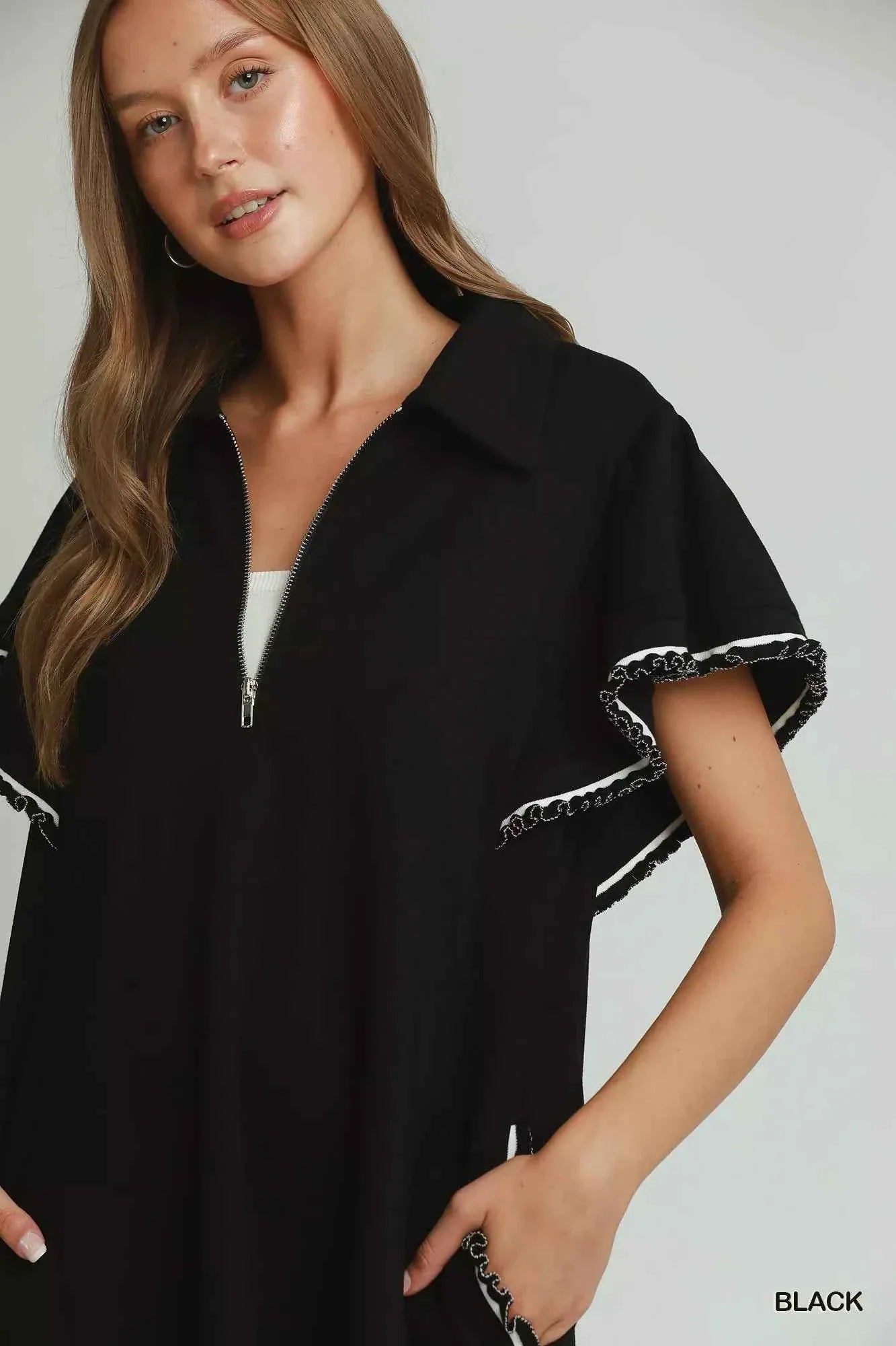 Black LuxeKnit Butterfly Sleeve Half Zip Mini Dress with Pockets by Umgee