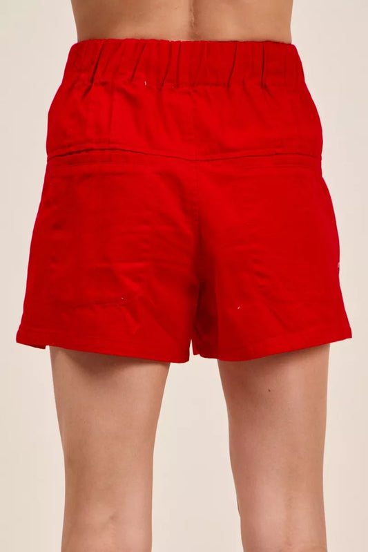 Red High Adjustable Waist Tie Pintucked Button Front Shorts by So Me