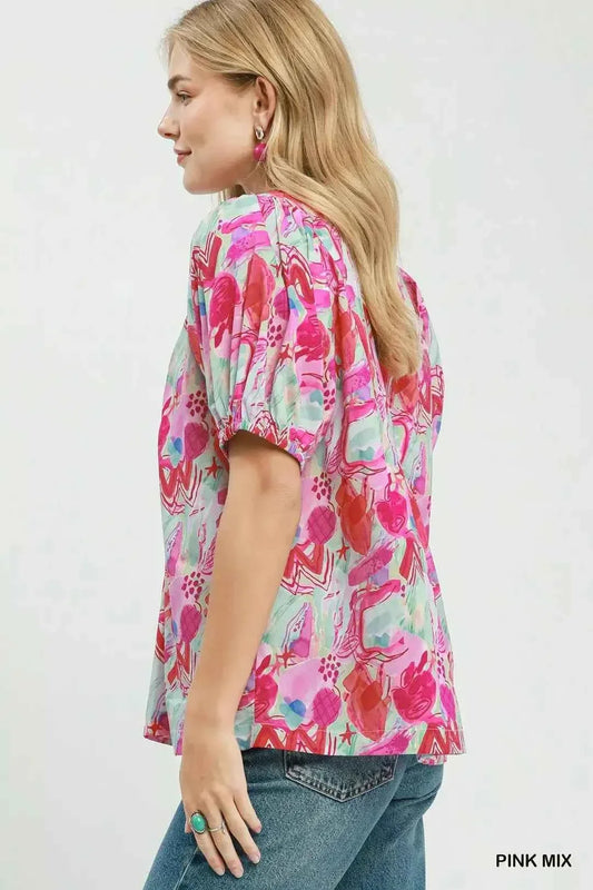 Pink Mix Abstract Print Puff Sleeve Cotton Blouse by Umgee