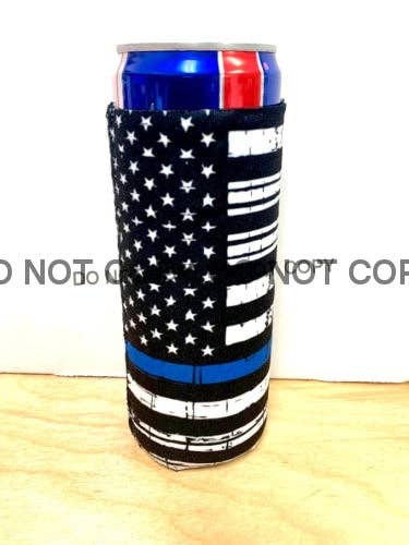 Blue Line Print Slim 12oz Can Koozie (Police Support)