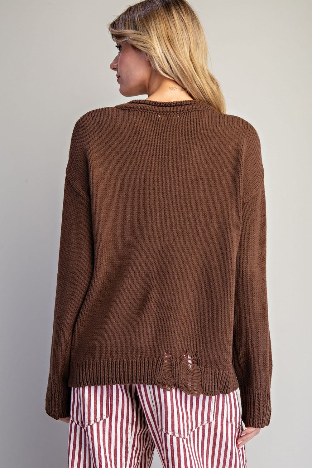 Style U "Boots" Western Intarsia Sweater — Chestnut Brown with Red Boot Graphic & Distressed Edges