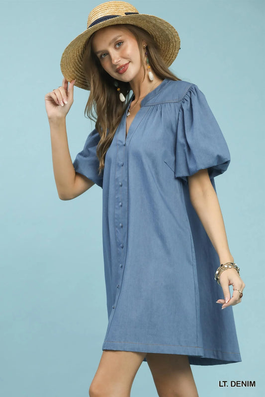 Umgee Chambray Puff Sleeve Dress