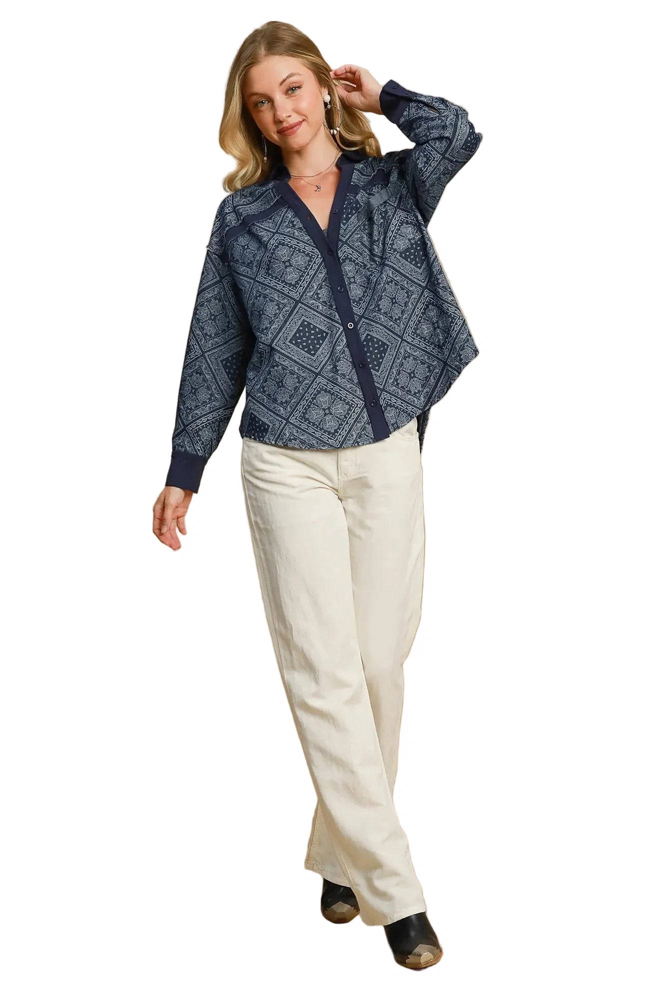 Garden Naked Womens Casual Denim Jacket Boho Bandana Print Oversized Button Down Collared Dark Blue Streetwear Top