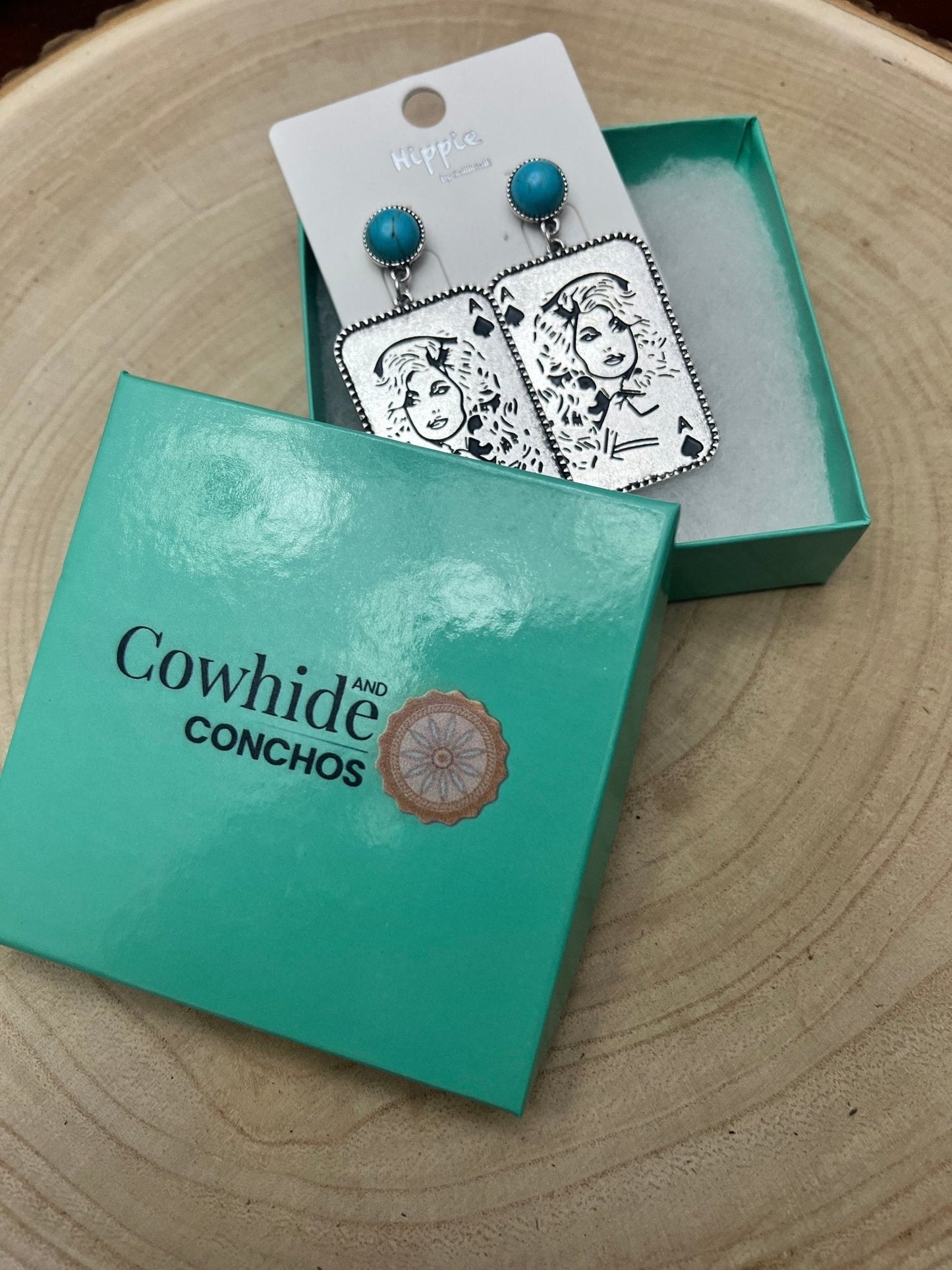 Dolly Card Theme Western Dangle Earrings with Faux Turquoise Stone — 2½" Drop