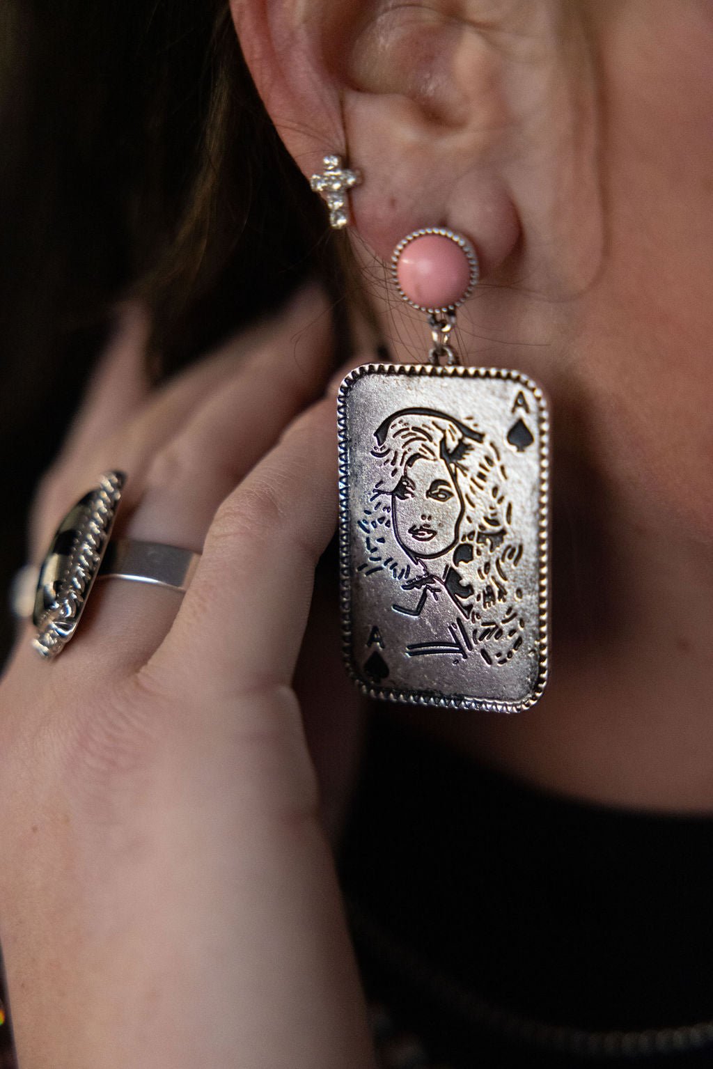 Dolly Card Theme Western Dangle Earrings with Pink Stone — 2½" Drop