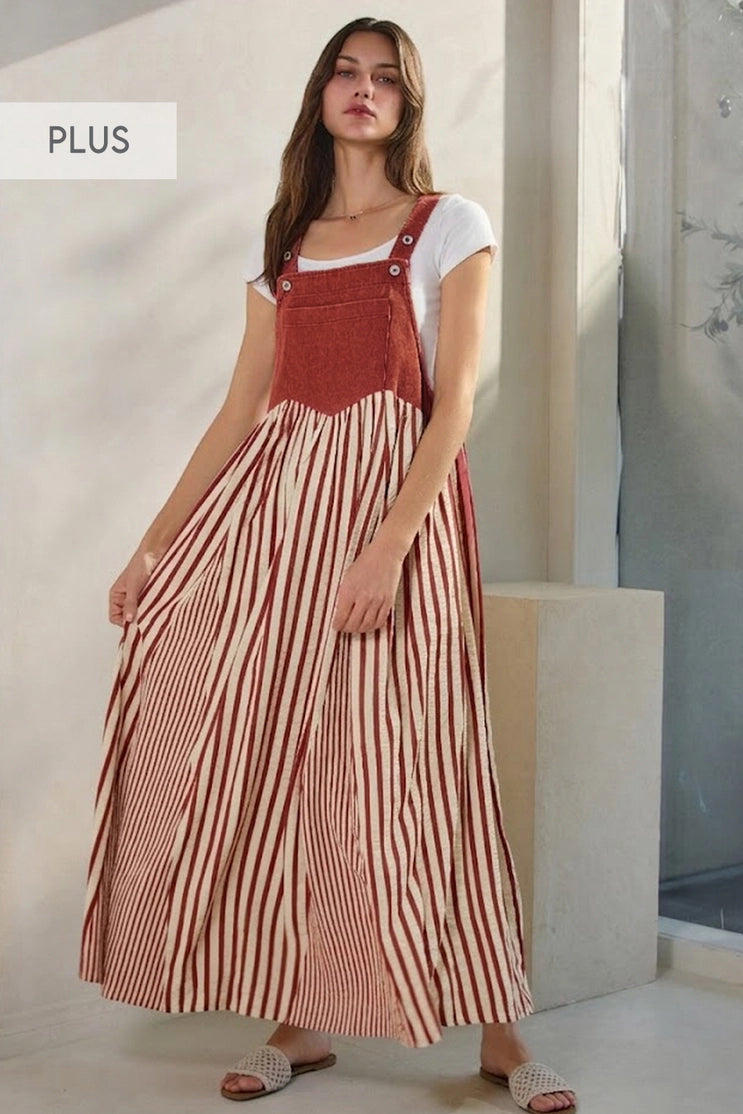 O5 Oddi Colored Denim and Striped Overall Dress in Washed Hot Pink Plus