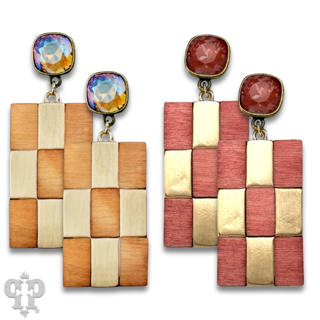 Checkerboard pattern dangle earring with Austrian crystal - LC