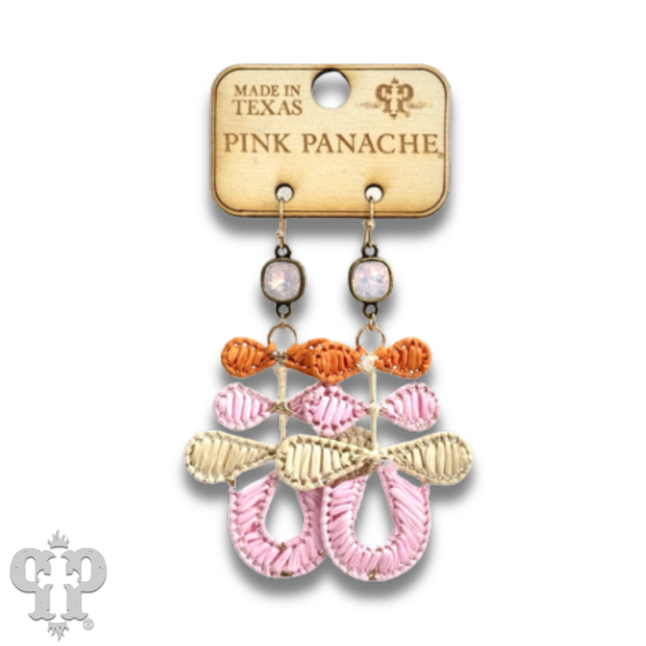 Three bow raffia dangle earring, Austrian crystal - LC