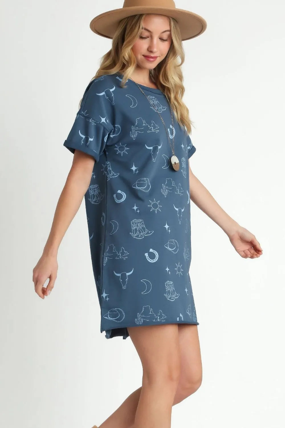 Umgee Full Size French Terry Short Sleeve Round Neck Dress Plus Size
