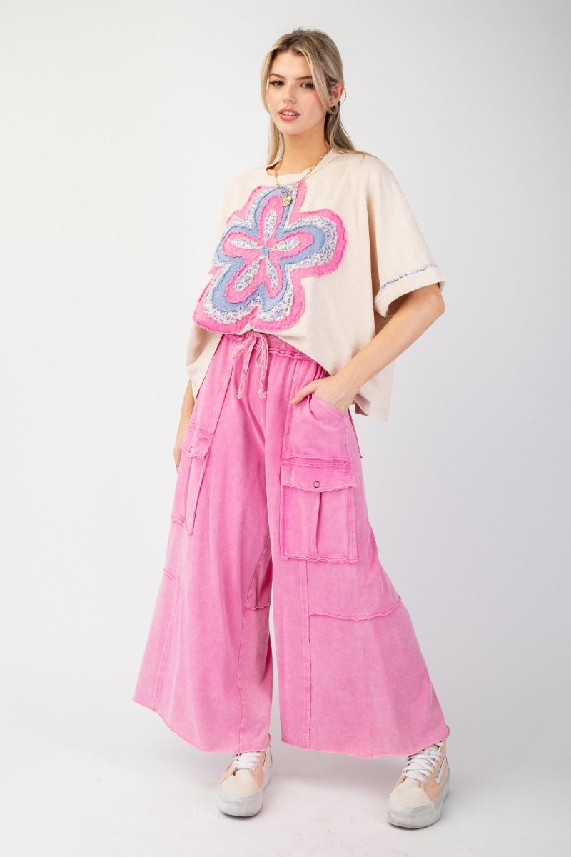 E21 Easel Feeling Good Bubble Gum Pink Mineral Wash Wide Leg Cargo Pants