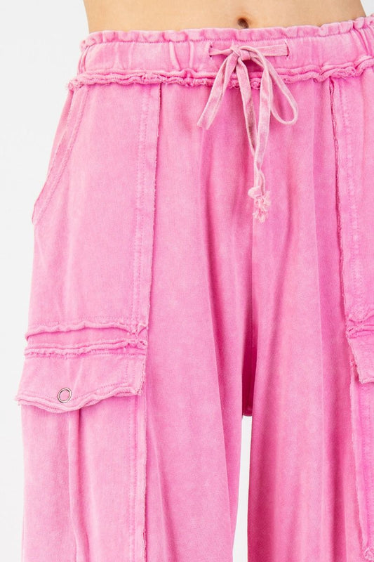E21 Easel Feeling Good Bubble Gum Pink Mineral Wash Wide Leg Cargo Pants