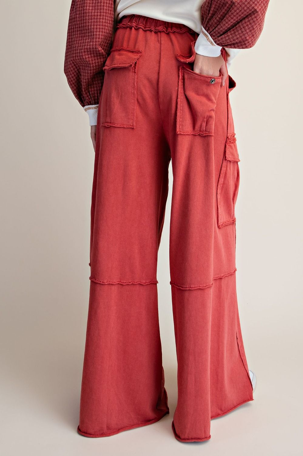 Easel Mineral Washed Terry Knit Cargo Pants in Boho Red