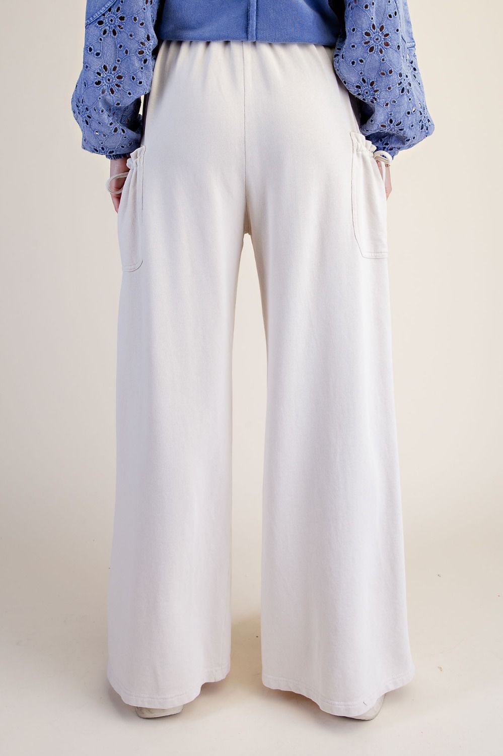 Easel Mineral Washed Terry Knit Pants Plus and Regular in Ecru