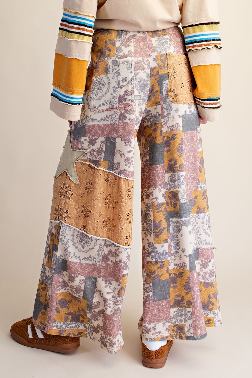 Coming Soon! Easel PLUS SIZE - Star Patchwork Floral Wide-Leg Drawstring Pants