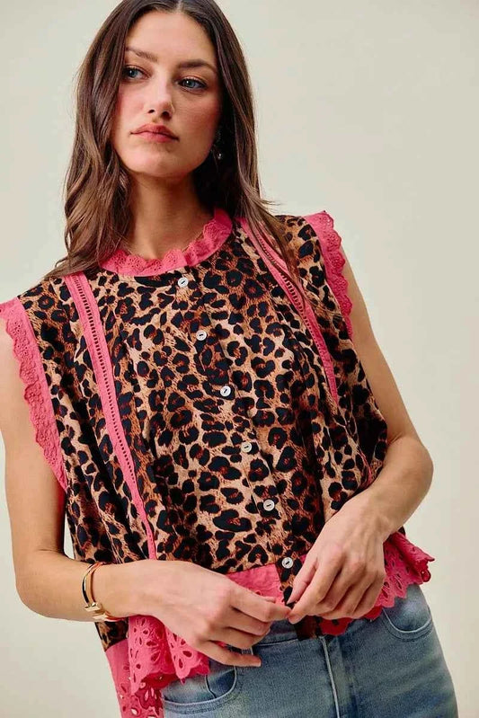 Leopard Button Up Pleated Pink Trim Sleeveless Blouse by So Me
