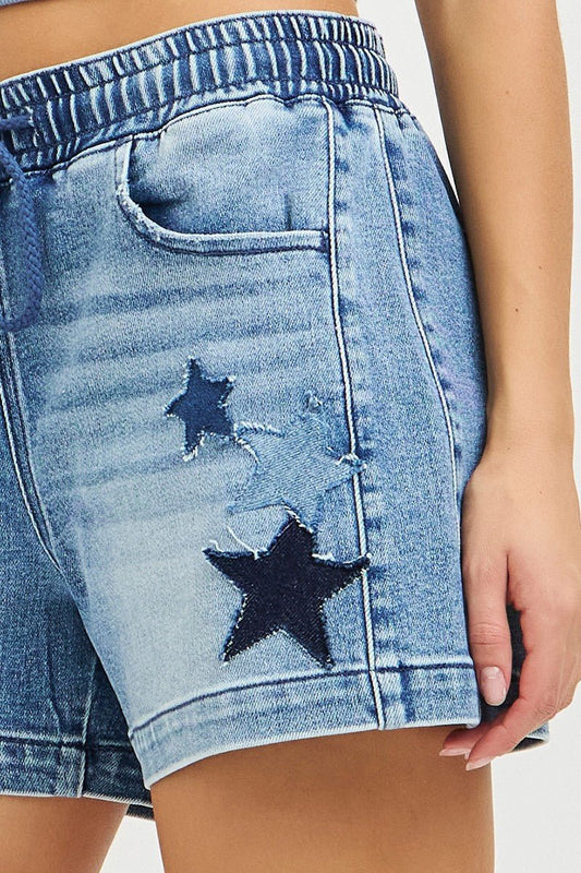 Elastic Band Slouchy Denim Shorts with Star Patched Details by Risen