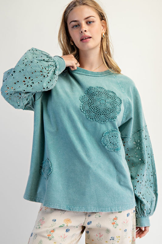 Easel Faded Teal Washed Terry Pullover with Eyelet Lace Design