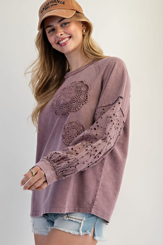 PLUS SIZE Easel Wine Color Washed Terry Pullover with Eyelet Lace Design