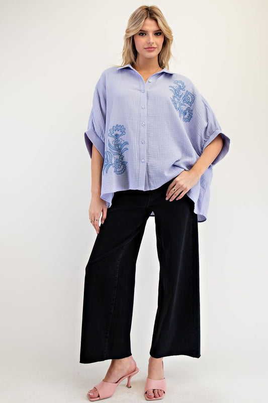 E42 Easel Dusty Blue Embroidered Bloom Gauze Shirt