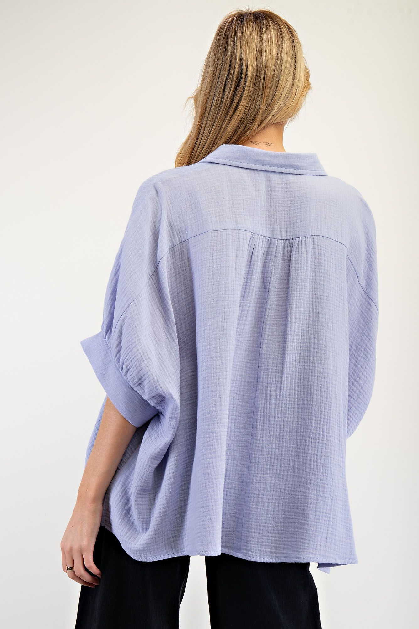 E42 Easel Dusty Blue Embroidered Bloom Gauze Shirt