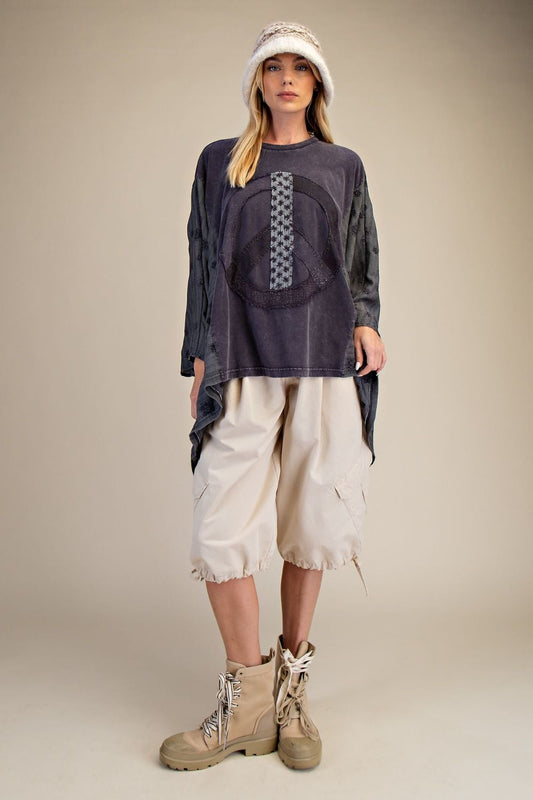 E12 Easel Black Mineral Washed Peace Sign Poncho Top