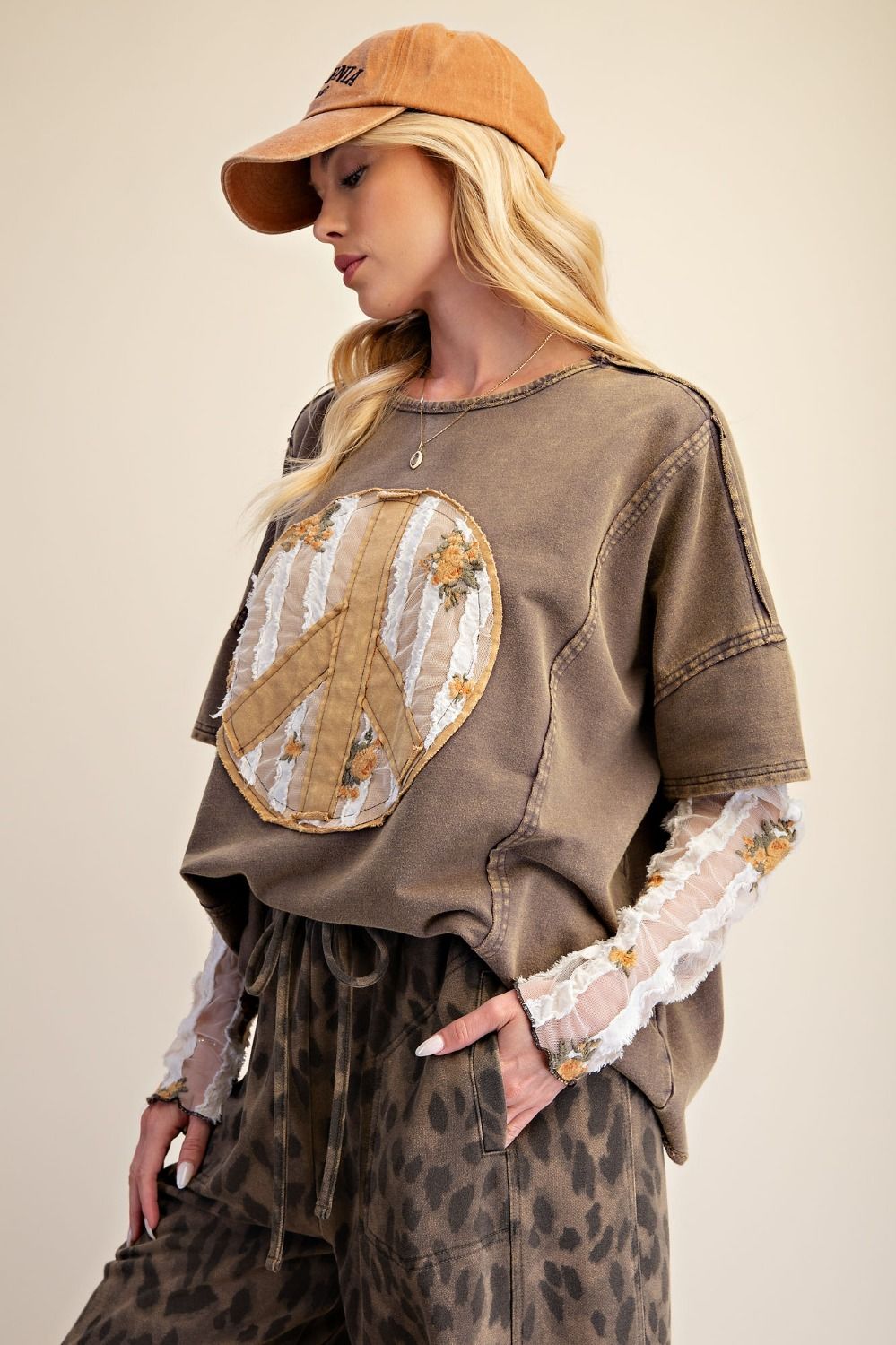Easel Peace Mineral Washed Patchwork Top in Ash - Plus Size