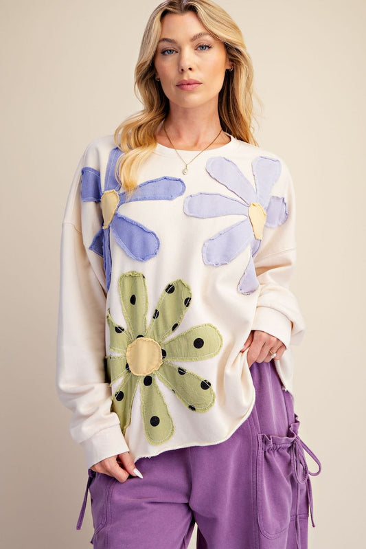 Easel Floral Patch Front Washed Terry Pullover Plus Size