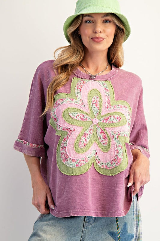 E22 Easel Dusty Magenta Pink Flower Patch Washed 100% Cotton Slub Top VERY OVERSIZED