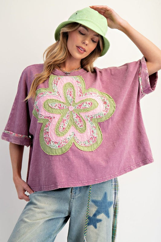 E22 Easel Dusty Magenta Pink Flower Patch Washed 100% Cotton Slub Top VERY OVERSIZED